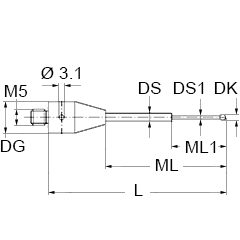 M5 Ø2 mm silicon nitride ball, tungsten carbide stem, L 20 mm, ML 10 mm, for ZEISS applications